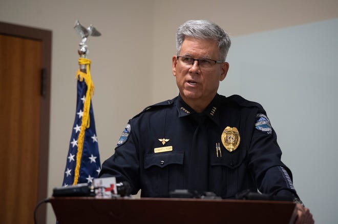 Loveland Police Chief Bob Ticer has been chosen as the next chief for the Prescott Valley Police Department in Arizona. In this file photo, he's pictured announcing personnel changes in the wake of a federal civil rights lawsuit over the arrest of Karen Garner during a press conference at the Loveland Police Department on April 30, 2021.