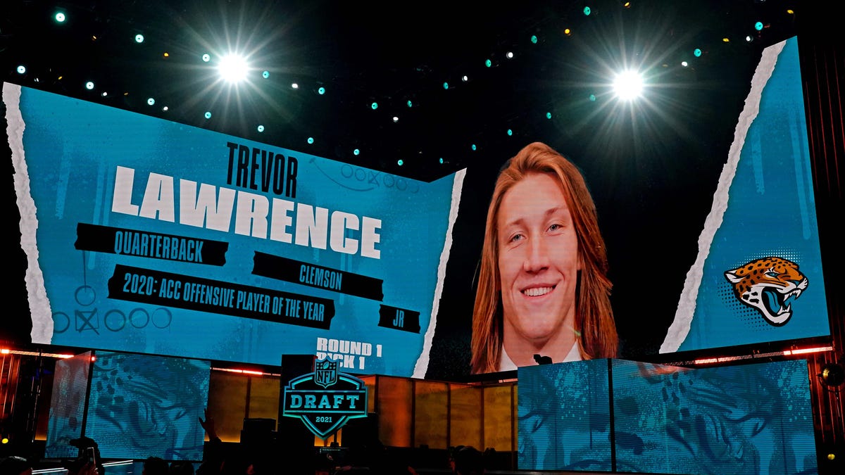 NFL commissioner Roger Goodell announces Trevor Lawrence (Clemson) being selected by the Jacksonville Jaguars as the number one overall pick in the first round of the 2021 NFL Draft at First Energy Stadium,