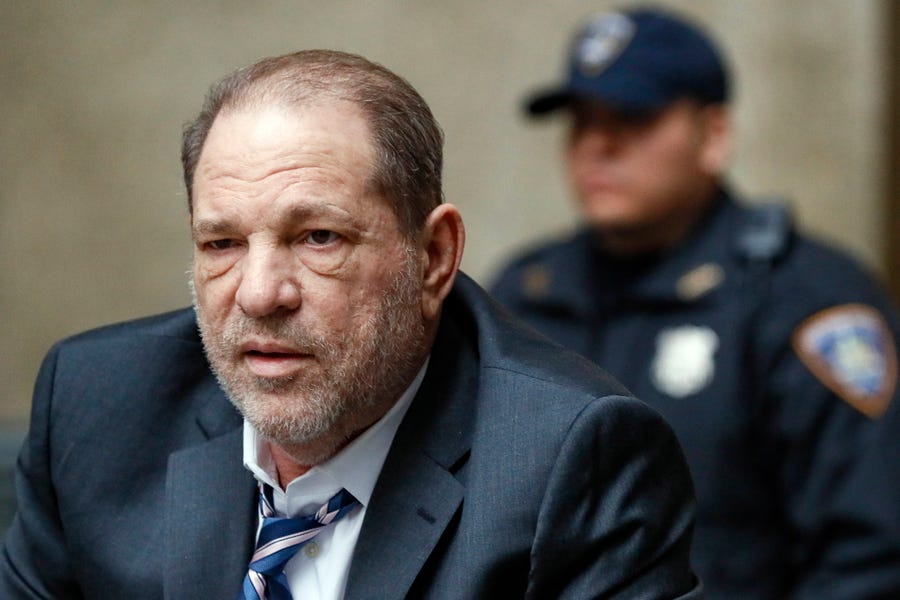 Harvey Weinstein departs a Manhattan courthouse during his sex-crimes trial in New York on Feb. 5, 2020.