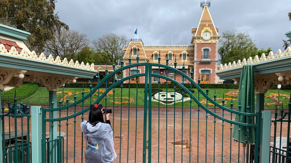 A visitor takes a picture through a locked gate at the entrance to Disneyland Resort n Anaheim, California.