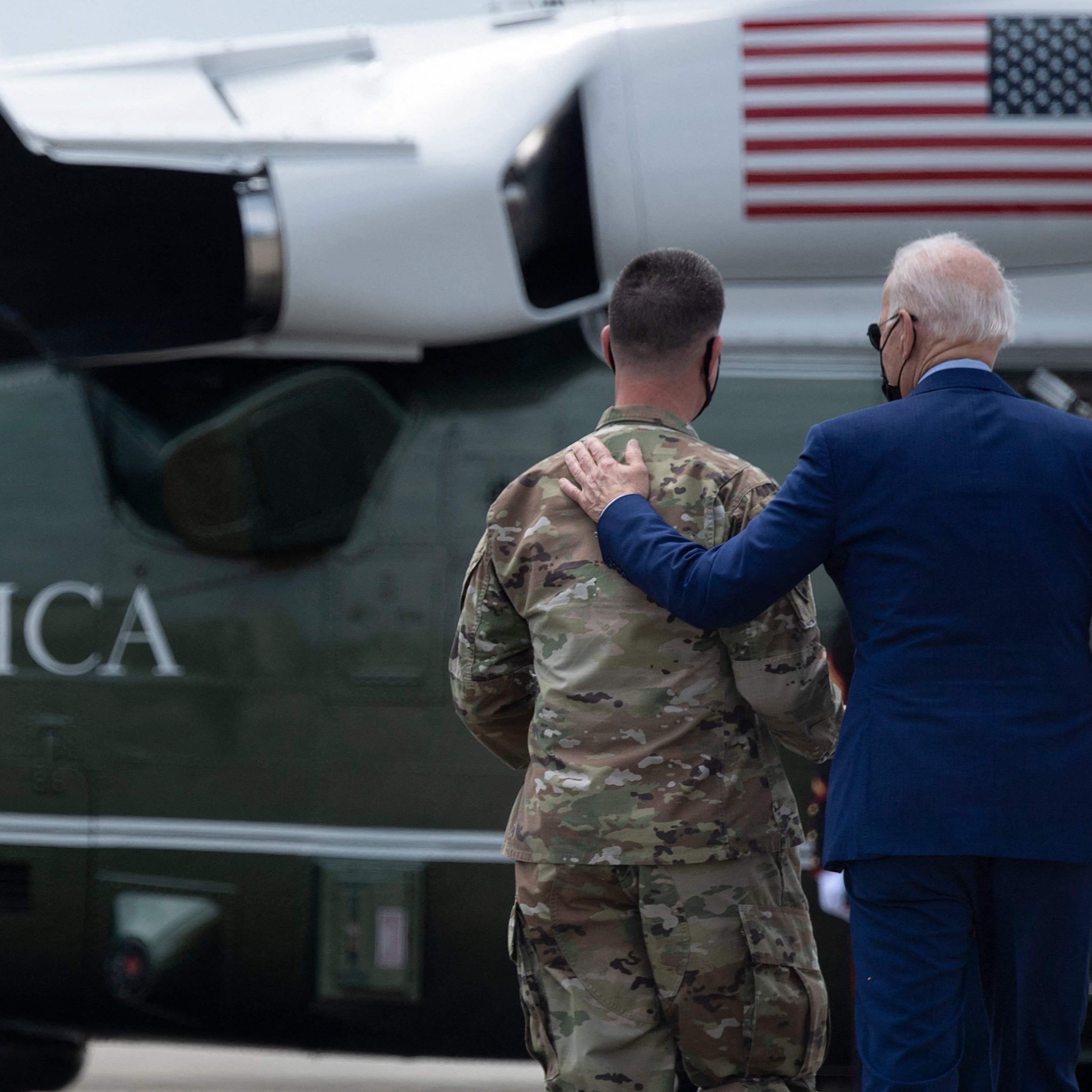 President Joe Biden and a soldier on April 29, 2021, in Fort Benning, Georgia.