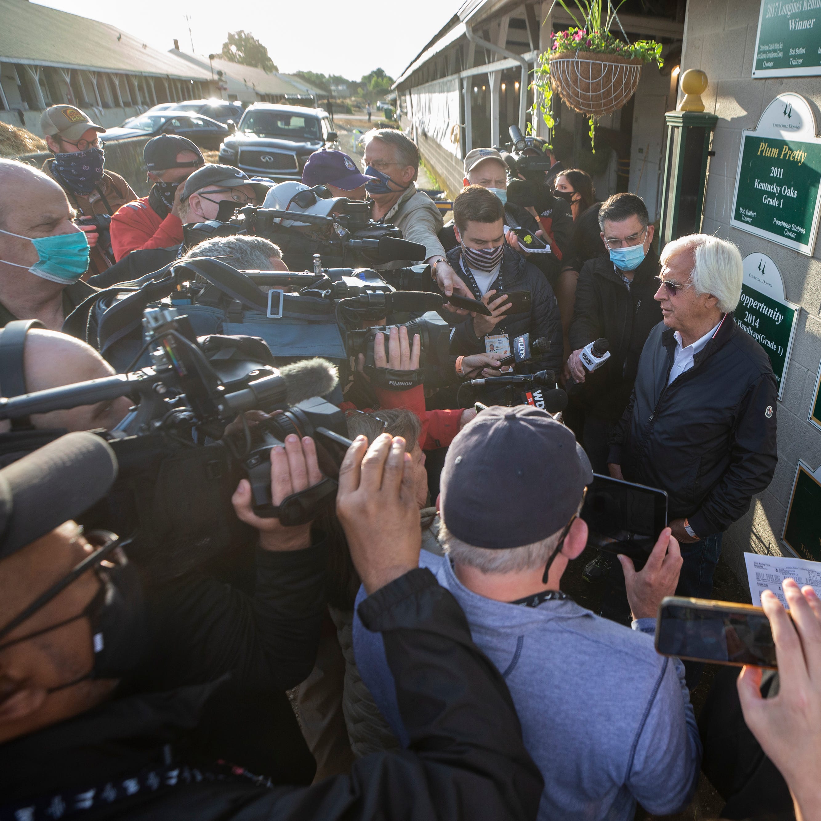 Bob Baffert spoke with the media in front of his barn on the backside of Churchill Downs the day after his seventh victory in the Kentucky Derby with Medina Spirit. May 2, 2021