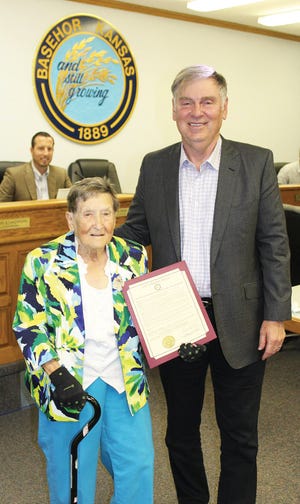 Anna Mary Landauer, left, received a proclamation from Basehor Mayor David Breuer in honor of her 103rd birthday.