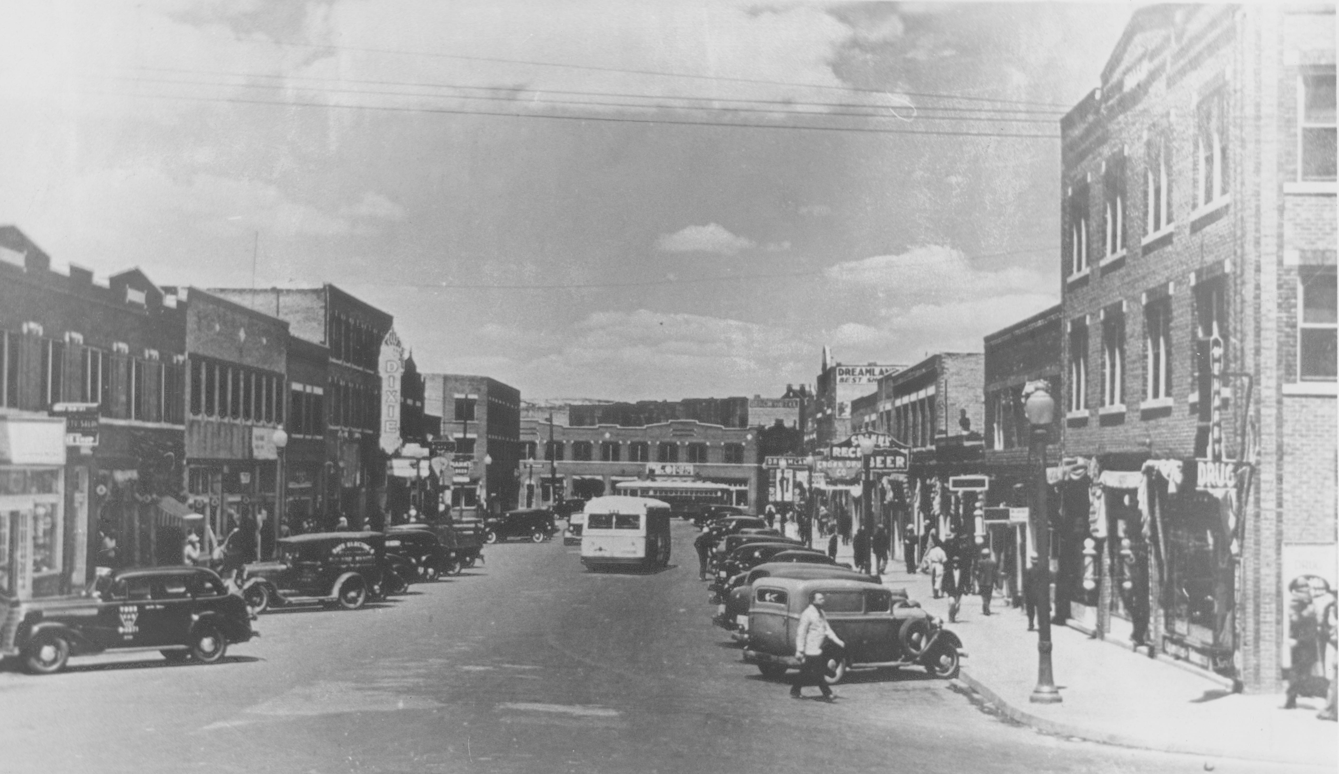 Some of the buildings still standing along Greenwood Avenue, looking north from Archer  Avenue, are shown in this 1938 photo. The area historically referred to as Black Wall Street was rebuilt in the five years following the 1921 massacre.