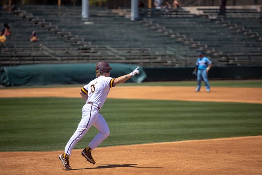 Freshman, Ethan Long, aftering a hitting a home-run, May 2, 2021, Phoenix, Ariz