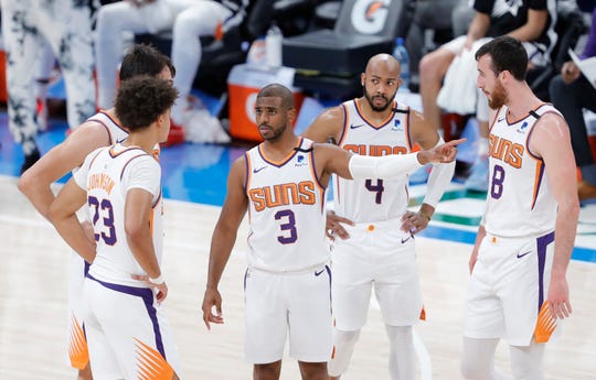 May 2, 2021; Oklahoma City, Oklahoma, USA; Phoenix Suns guard Chris Paul (3) talks to his team during a time out against the Oklahoma City Thunder in the second quarter at Chesapeake Energy Arena. Mandatory Credit: Alonzo Adams-USA TODAY Sports