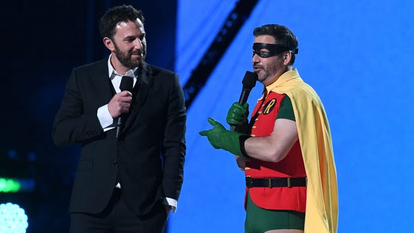 Ben Affleck (L) and Jimmy Kimmel speak onstage dur