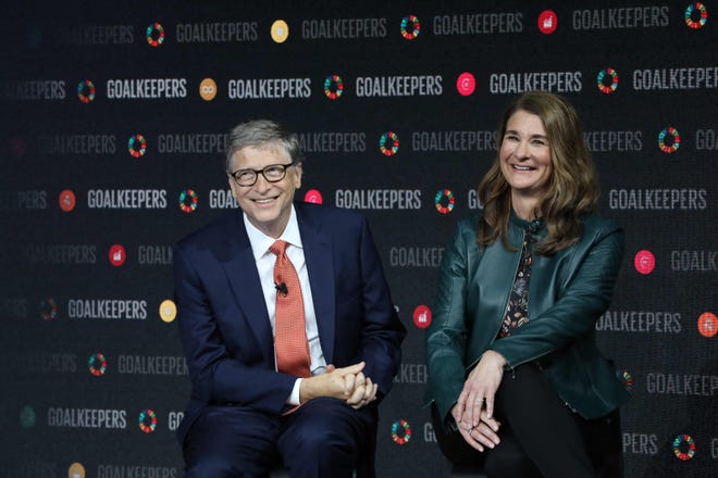 In this file photo taken on Sept. 26, 2018, Bill Gates and his wife Melinda Gates introduce the Goalkeepers event at the Lincoln Center in New York.