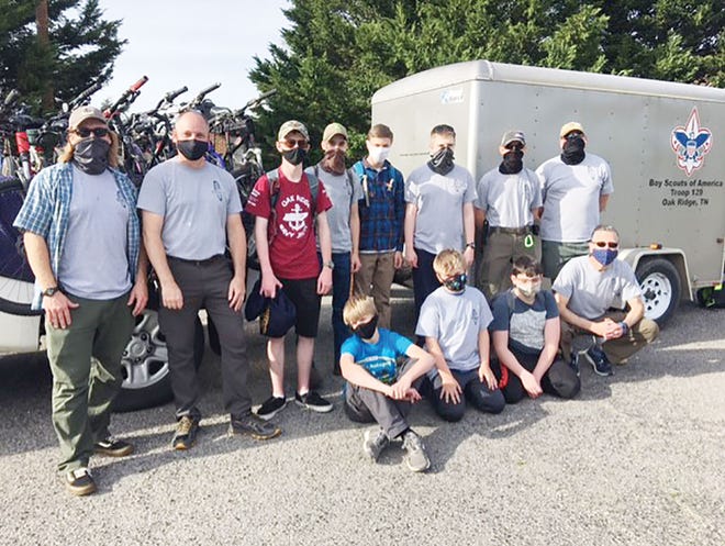 Boy Scout Troop 129 of Oak Ridge heads out to Damascus, Va. to ride the Virginia Creeper Trail. All of the bicycles have been inspected for safety, and are loaded up in the truck; ready to ride!  Pictured are from left, back row, William Blake, Assistant Scoutmaster; James Shell, Assistant Scoutmaster;  Kaleb Sluss; Charlie Shell; Edward Enos; James Myers; Samuel Glumac, and Jessie McCallon, Assistant Scoutmaster. In the front row are Weston Blake; Kyle Blake; Carson Chuy and Matt Frost, Scoutmaster.