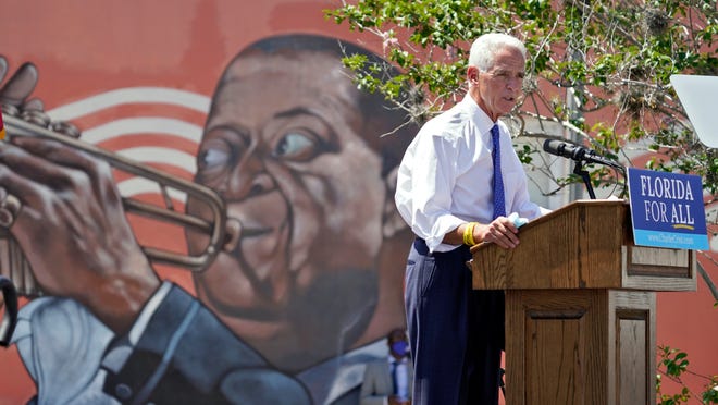U.S. Rep. Charlie Crist, D-St. Petersburg, speaks to supporters during a campaign rally as he announces his run for Florida governor Tuesday, May 4, 2021, in St. Petersburg, Fla. Crist, who served as Florida governor for a single term before running other offices, is seeking the stateâ€™s highest office once again â€” this time as a Democrat. (AP Photo/Chris O'Meara)