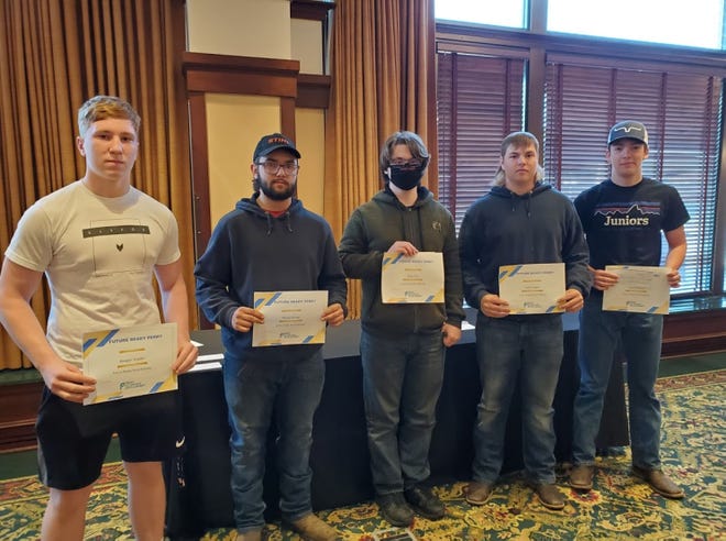 From left, Keegan Snyder (Perry), Morgan Knapp (Panorama), Ryan Huss (DCG), Colby Tague (W-G), Sam Ridnour (Perry) - Applied Engineering Pathway. The group poses for a photo during the Future Ready Perry Pathways Breakfast on April 29 at the Hotel Pattee.