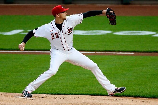 Cincinnati Reds starting pitcher Jeff Hoffman (23) throws a pitch in the first inning of the MLB Interleague game between the Cincinnati Reds and the Chicago White Sox at Great American Ball Park in downtown Cincinnati on Tuesday, May 4, 2021. The White Sox led 8-0 after five innings. 