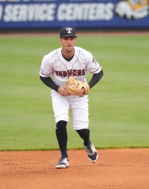 Toledo Mud Hens infielder Zack Short fields a ground ball against the Nashville Sounds on May 4, 2021 in Toledo, Ohio.