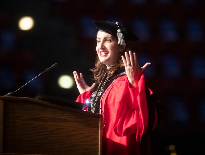 Angela Falconetti , President of Polk State College welcomes graduates  during Polk State College Spring Commencement at the RP Funding Center in Lakeland Fl. Thursday May 6 2021.  ERNST PETERS/ THE LEDGER