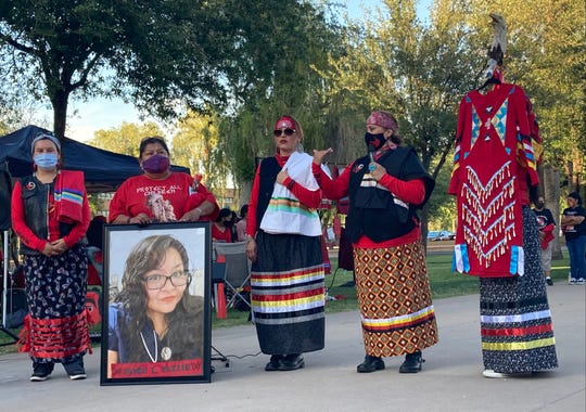 The family of Jamie Yazzie, who went missing in June 2019, speaks along with members of the Medicine Wheel Ride on May 5, 2021, in Phoenix.
