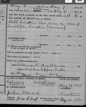 Iš negyvojo gimimo liudijimo iš arti matyti laidojimo data, 1920 m. Gegužės 13 d., Kurią pasirašė Johnas Floodas.  Riterių kapinėse Walthame nėra laidojimo įrašų.