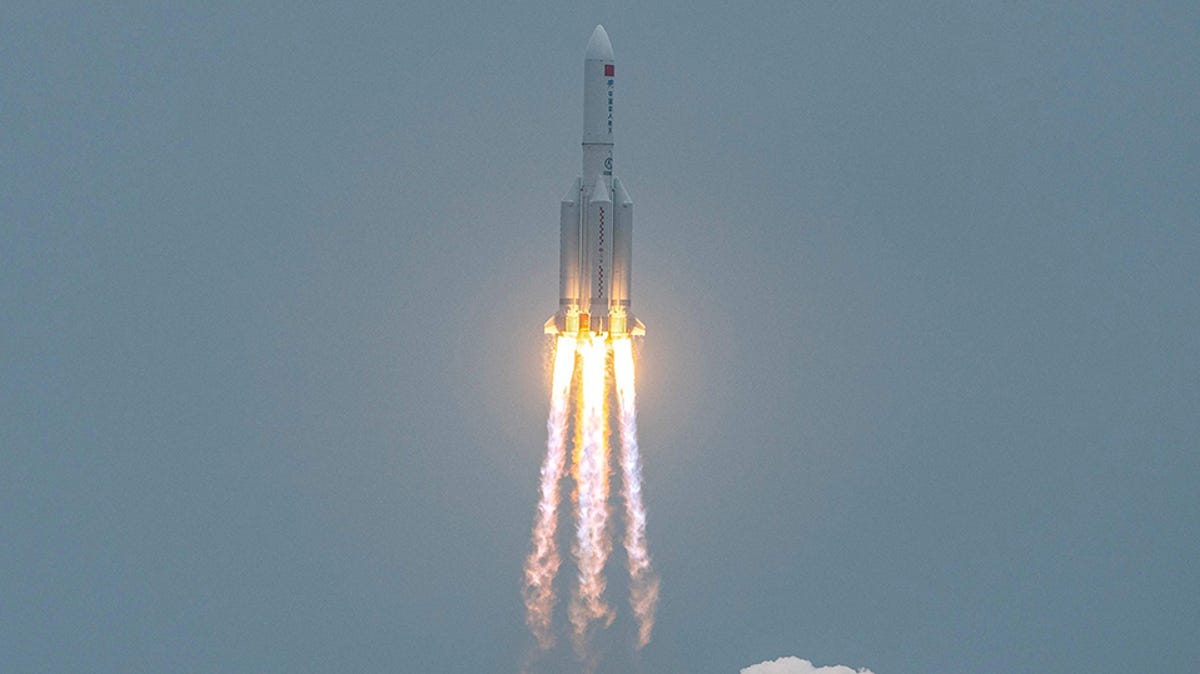 A Long March 5B rocket, carrying China's Tianhe space station core module, lifts off from the Wenchang Space Launch Center in southern China's Hainan province on April 29, 2021.