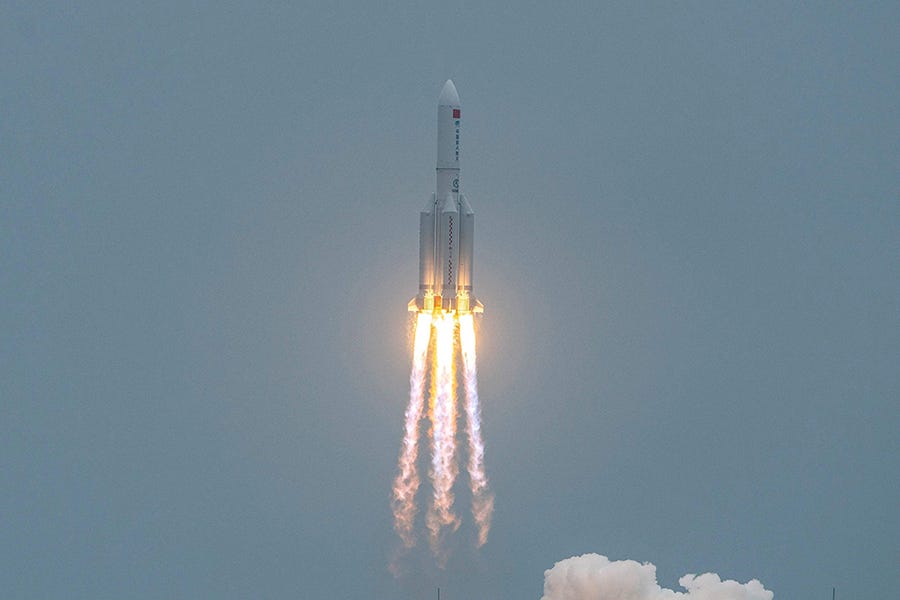 A Long March 5B rocket, carrying China's Tianhe space station core module, lifts off from the Wenchang Space Launch Center in southern China's Hainan province on April 29, 2021.