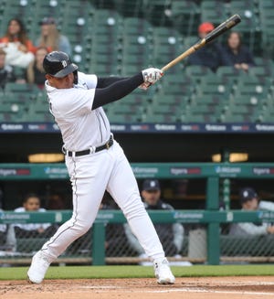 Detroit Tigers first baseman Miguel Cabrera (24) singles against Minnesota Twins starting pitcher Matt Shoemaker (32) during second inning action on Friday, May 7, 2021, at Comerica Park in Detroit.