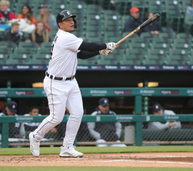 Detroit Tigers first baseman Miguel Cabrera (24) singles against Minnesota Twins starting pitcher Matt Shoemaker (32) during second inning action on Friday, May 7, 2021, at Comerica Park in Detroit.