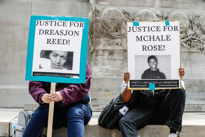 Protesters remember Dreasjon Reed and McHale Rose during a Black Lives Matter protest on Saturday, May 8, 2021, on Monument Circle in downtown Indianapolis. 