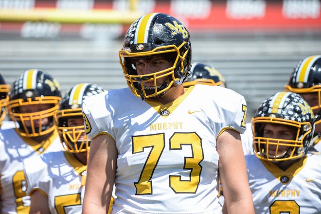 Murphy senior offensive lineman Yousef Mugharbil (73) won a second state championship Saturday when the Bulldogs defeated Northside-Pinetown. A three-star recruit, he'll play college football at Florida.