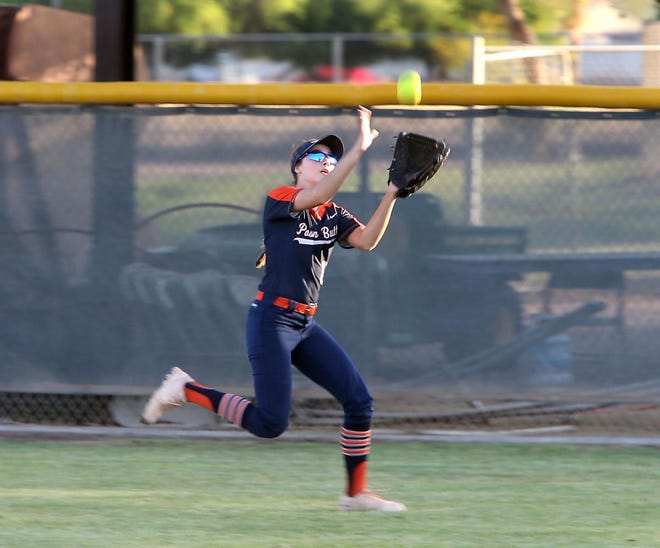 Poston Butte centerfielder catches a flyball during an away game against Vista Grande on April 23, 2021.