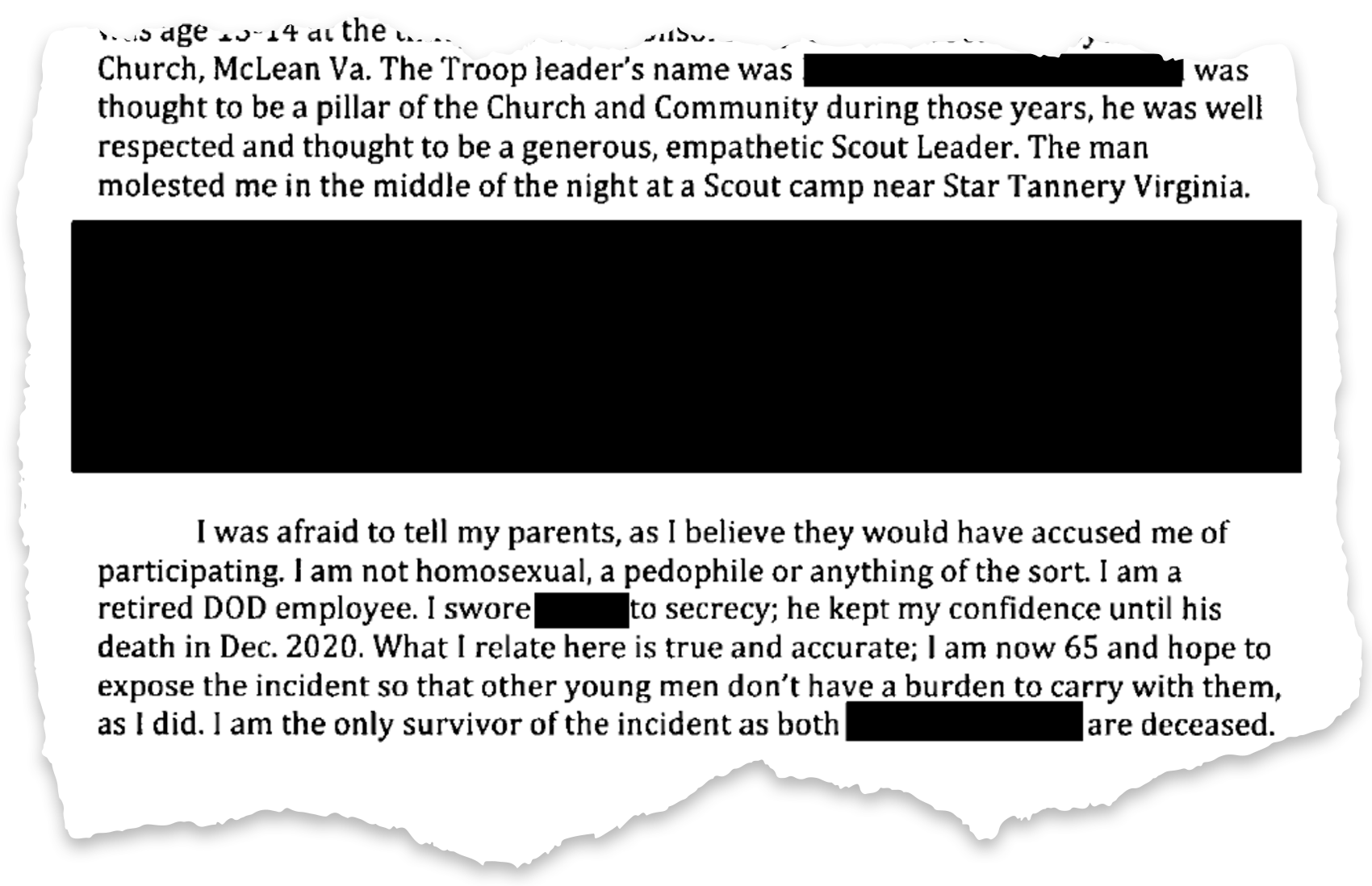 One of hundreds of letters sent to Judge Laurie Silverstein in the Boy Scouts bankruptcy case depicting stories of sexual abuse. Many of the graphic details have been redacted.