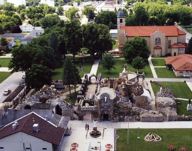 Aerial view of The Shrine of the Grotto of the Redemption in West Bend.