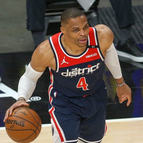 Washington Wizards guard Russell Westbrook looks t