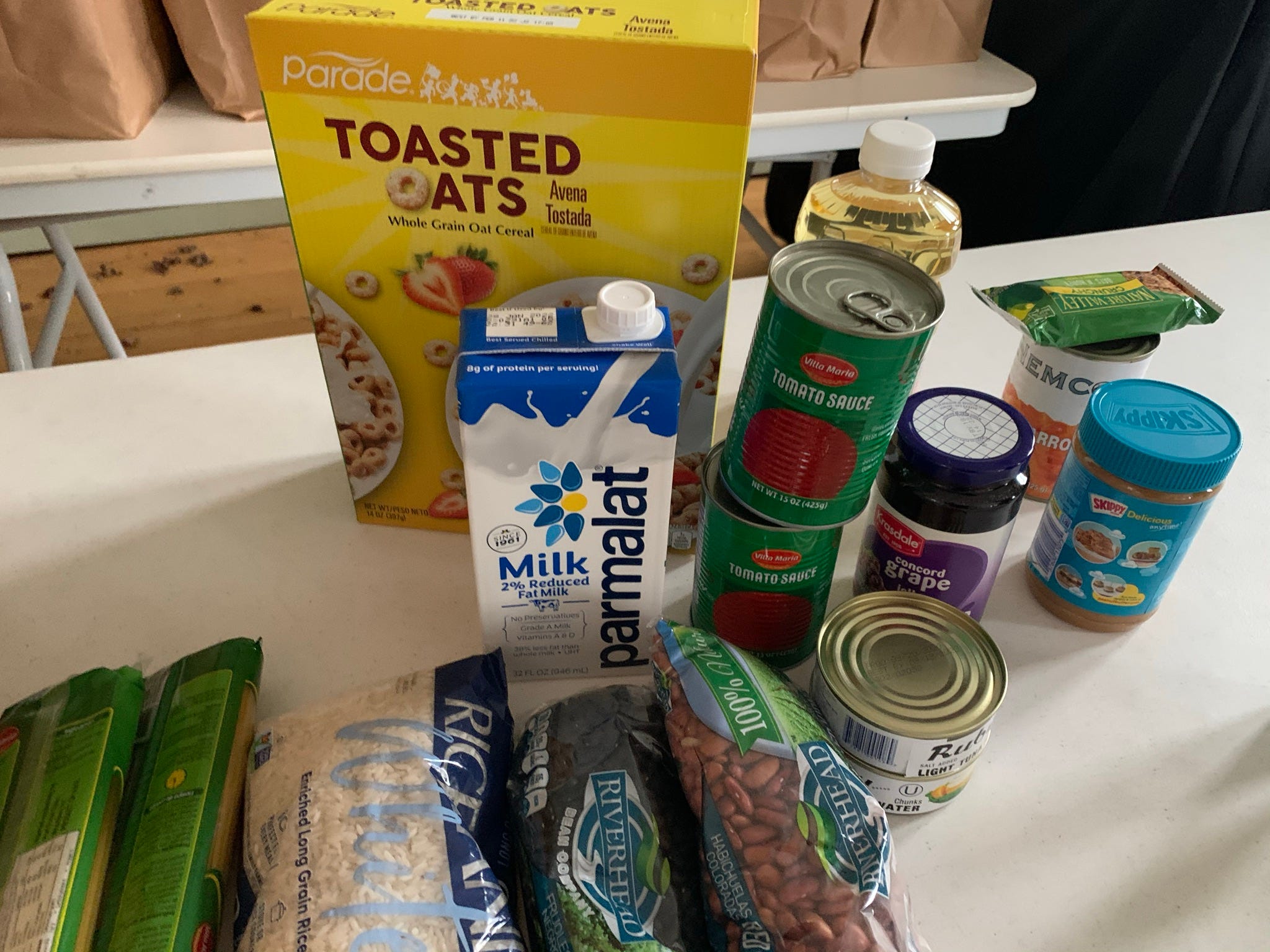 The contents of a typical bag of food at the Community Food Pantry of Sleepy Hollow and Tarrytown includes staples and shelf-stable items.