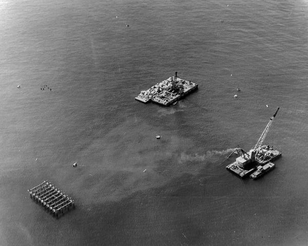 Rincon Island is under construction in the 1950s.