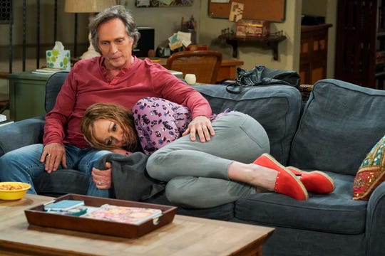Adam (William Fichtner), sitting up, and Bonnie (Allison Janney), have faced plenty of challenges in their relationship and marriage, but they're still going strong as CBS' "Mom" moves toward its May 13 conclusion.