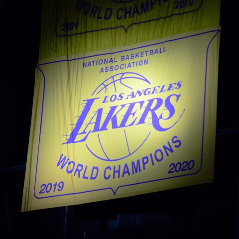 The Los Angeles Lakers' champions banner is reveal