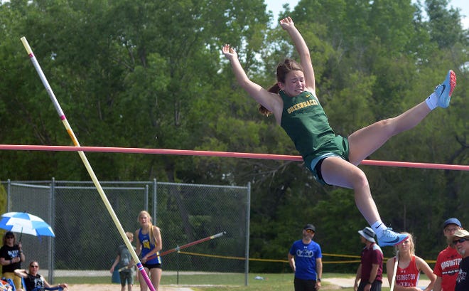 Jadyn Thompson of Pratt competes in the pole vault during the Central Kansas League meet in Halstead. Thompson finished sixth in the event.
