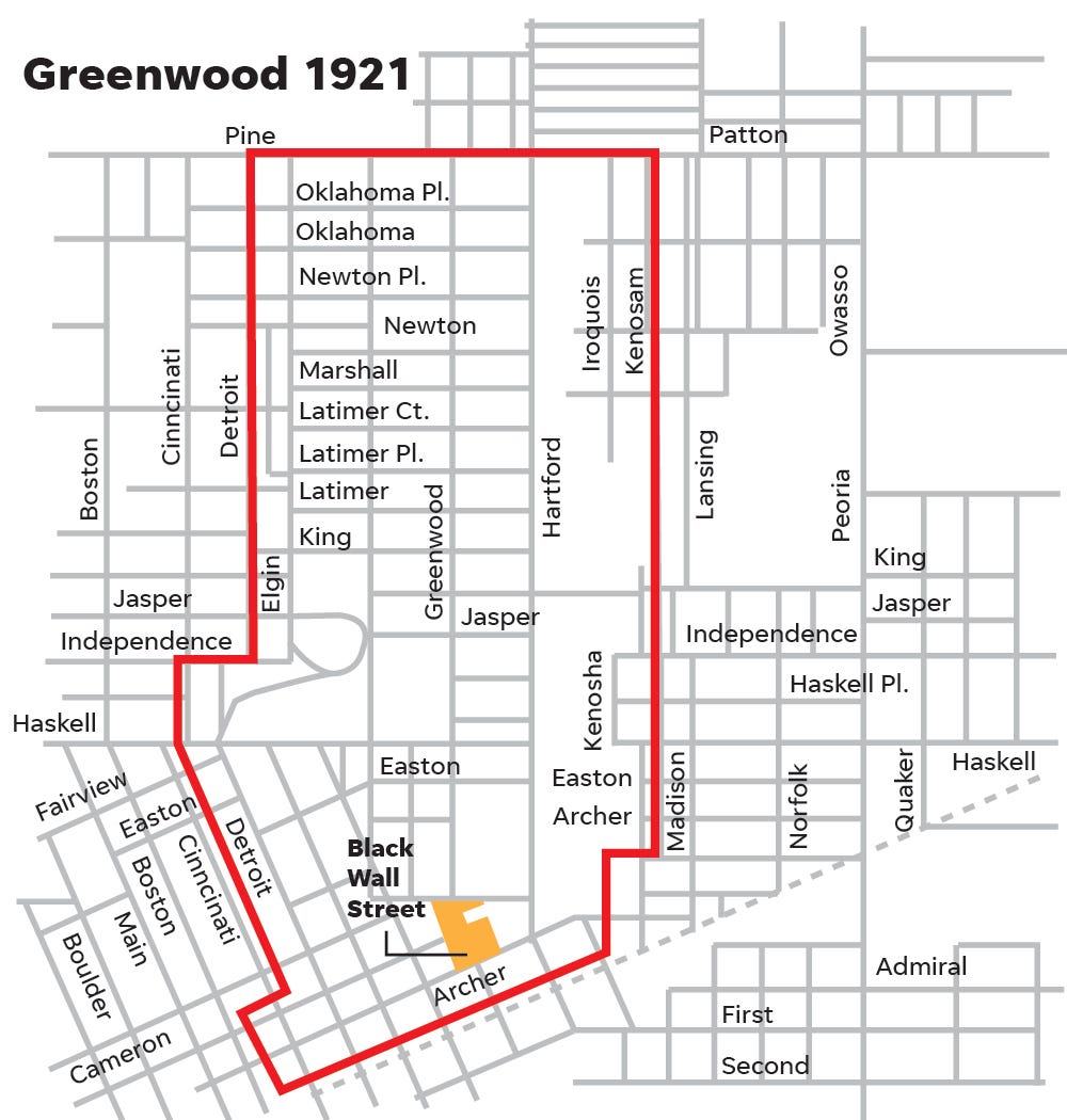 Map shows the boundaries of the Greenwood neighborhood with the street layout as it was in 1921.