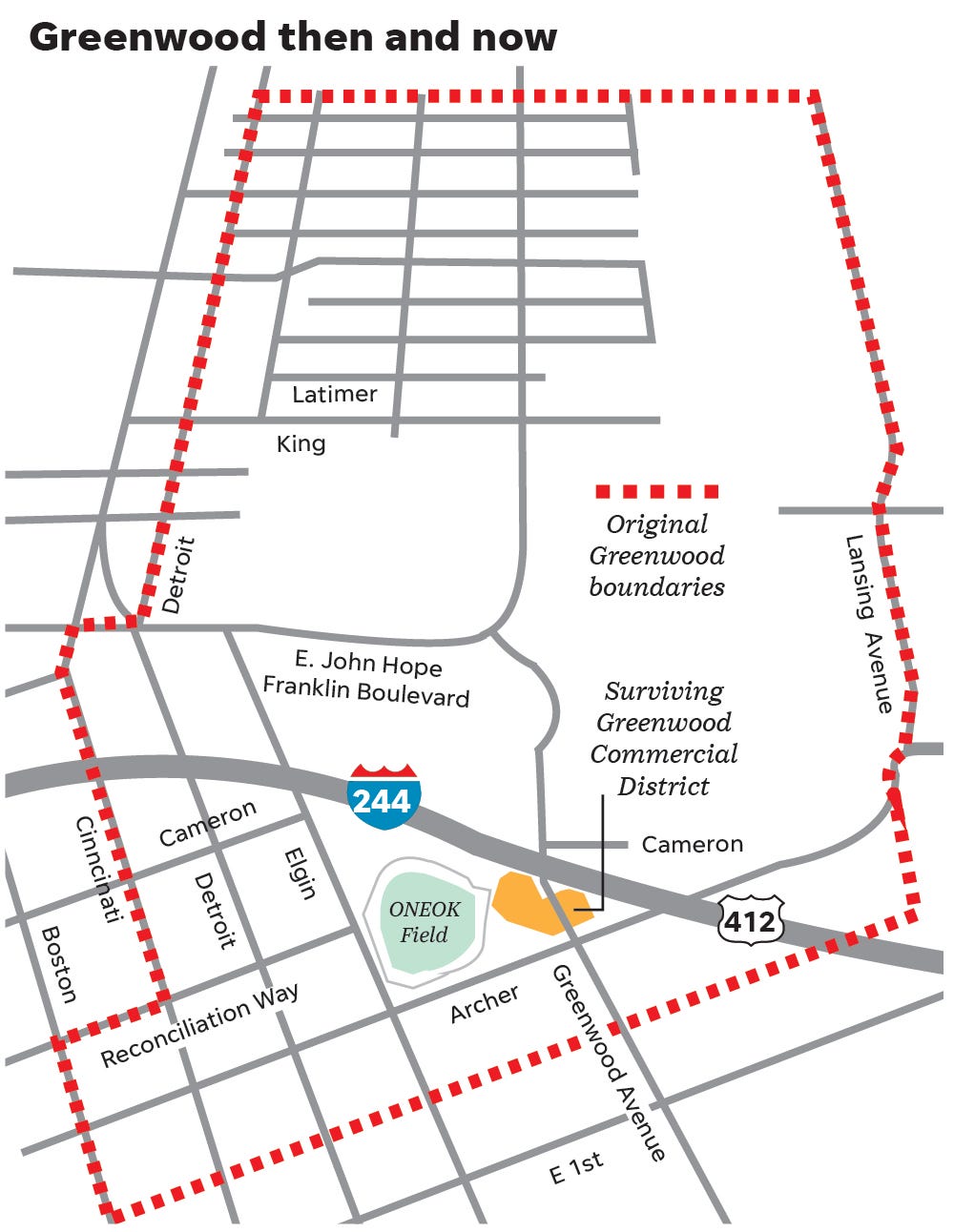 Map shows the boundaries of the Greenwood neighborhood with the street and highway layout as it is in 2021.