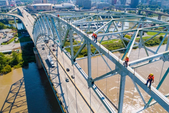 Inspectors perform a yearly inspection of the Hernando de Soto bridge in September 2020.
