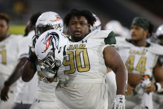 UAB defensive tackle Tony Fair (90) during a game against South Alabama on Sept. 24, 2020, in Mobile.