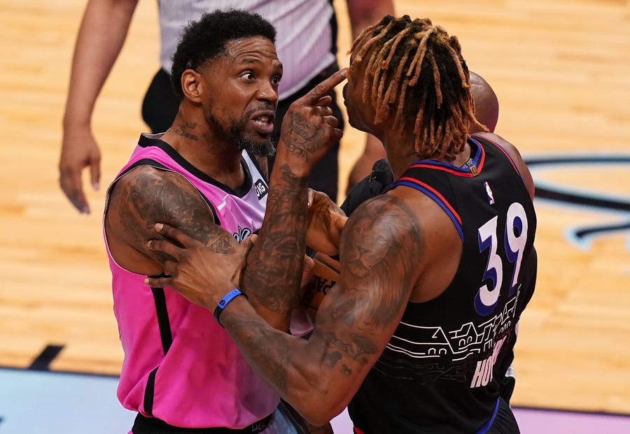 May 13: Heat forward Udonis Haslem (40) exchanges words with Sixers center Dwight Howard (39) during the first half in Miami. Haslem received two technical fouls and was ejected after just three minutes.