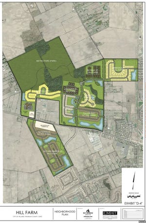This image illustrates the original rezoning proposal from 2018 for Hill Farm, which had included an extension of Audubon Avenue in Heritage Preserve, to the south, across Scioto Darby Road and onto Hill Farm. The original rezoning proposal also included a portion of Hill Farm on the south side of Scioto Darby Road. The number of housing units remains 229, but the style of housing is different in the revised proposal.