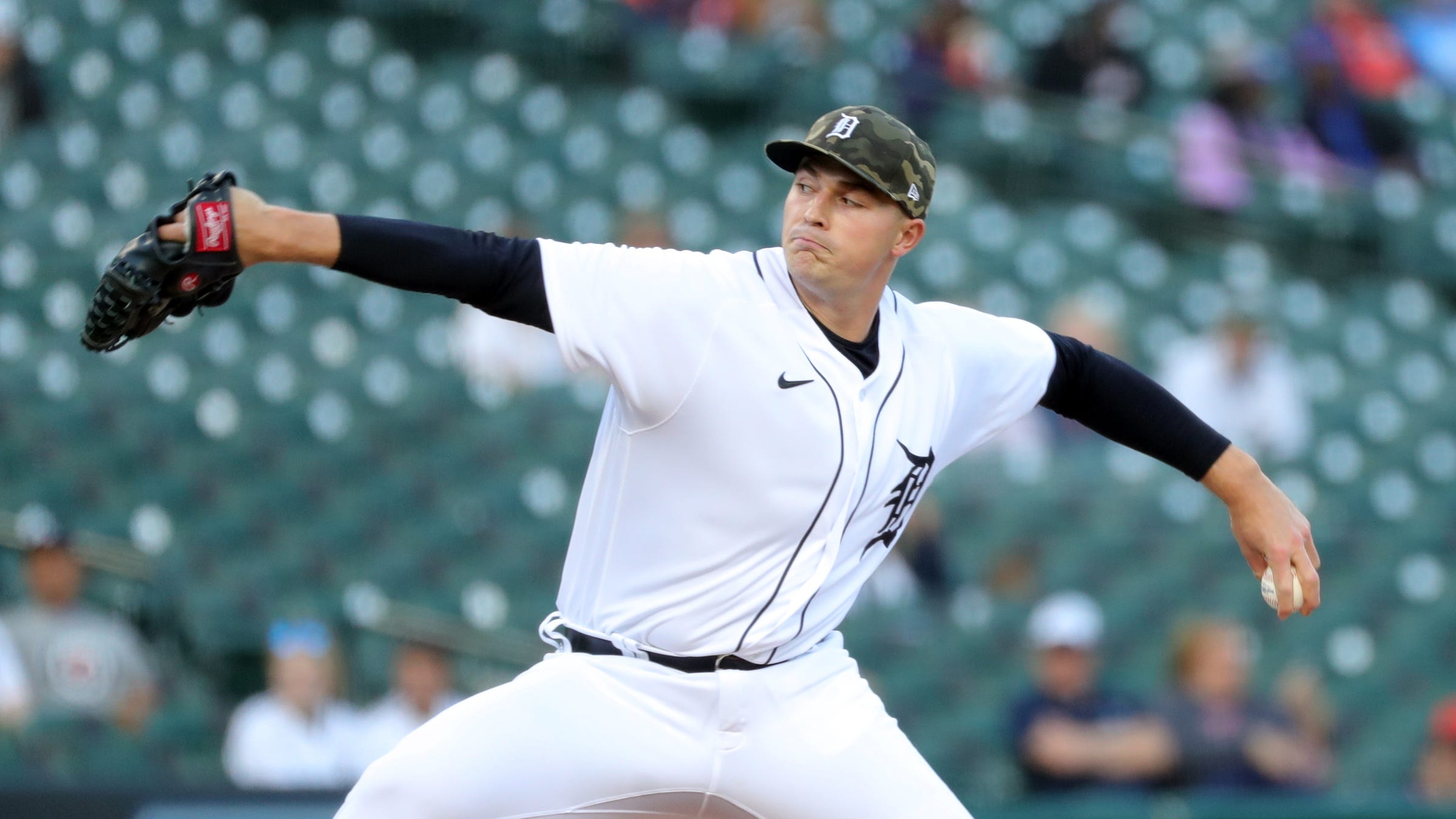 Detroit Tigers starter Tarik Skubal pitches against the Chicago Cubs during the first inning Friday, May 14 2021 at Comerica Park in Detroit.