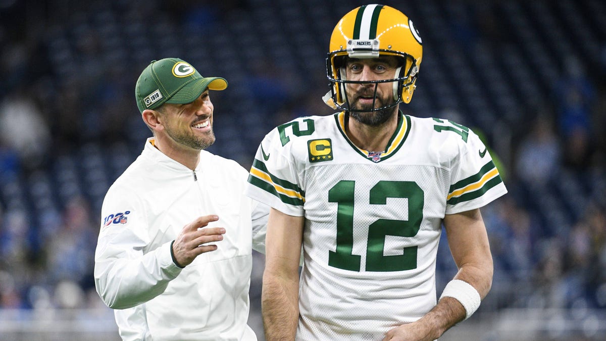 Green Bay Packers head coach Matt LaFleur and quarterback Aaron Rodgers before a 2019 game against the Detroit Lions.