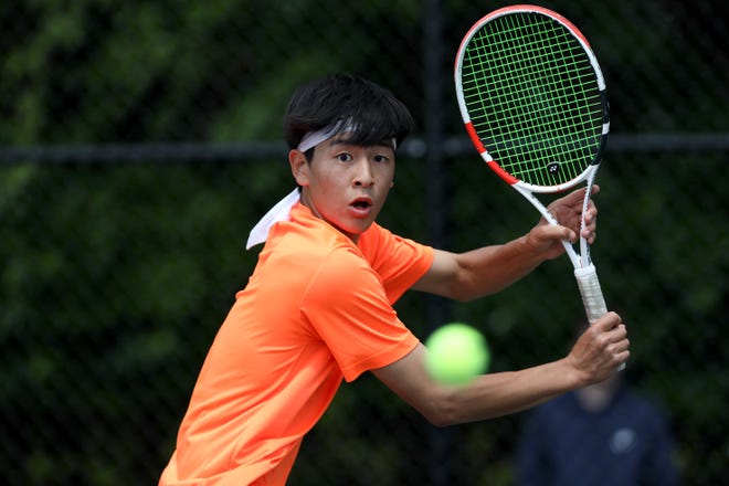 Luke Han, of Tenafly, gets ready to return the ball during a first doubles match at the Bergen County Boys Tennis Championship.  Han, along with partner Jack Neuman (not shown), went on to beat Bergen Tech.  Sunday, May 16, 2021