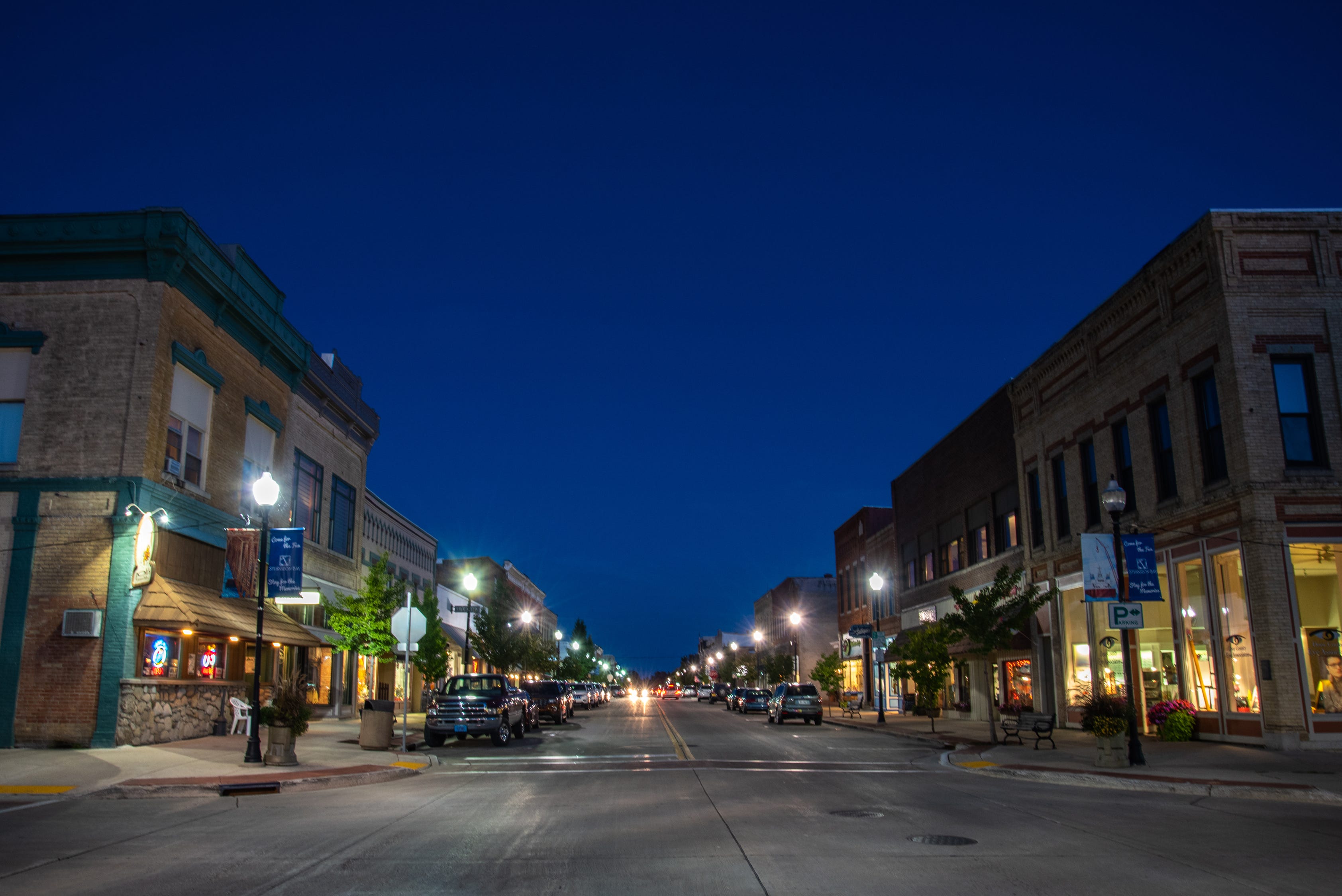 An evening view of historic Third Avenue in Sturgeon Bay, Wisconsin. Sturgeon Bay is the largest city in Door County with a population of about 9,000 people.