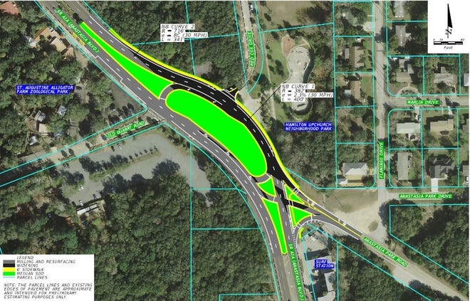 A redesign concept shows an early idea for how the curve along Anastasia Boulevard around Red Cox Drive could be reworked to improve safety.