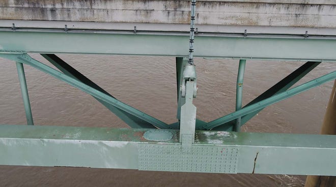 This photo was pulled from 2019 drone footage, according to the Arkansas Department of Transportation. It shows the fracture as it appeared at the time. Subsequent photos taken in 2021 show the fracture had expanded and caused extensive damage to the beam.