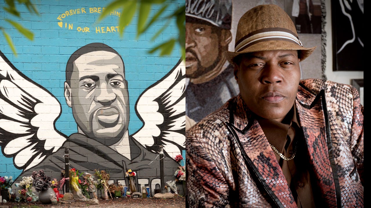 A video diptych shows LaTonya Floyd (right) and a mural of her brother, George Floyd.