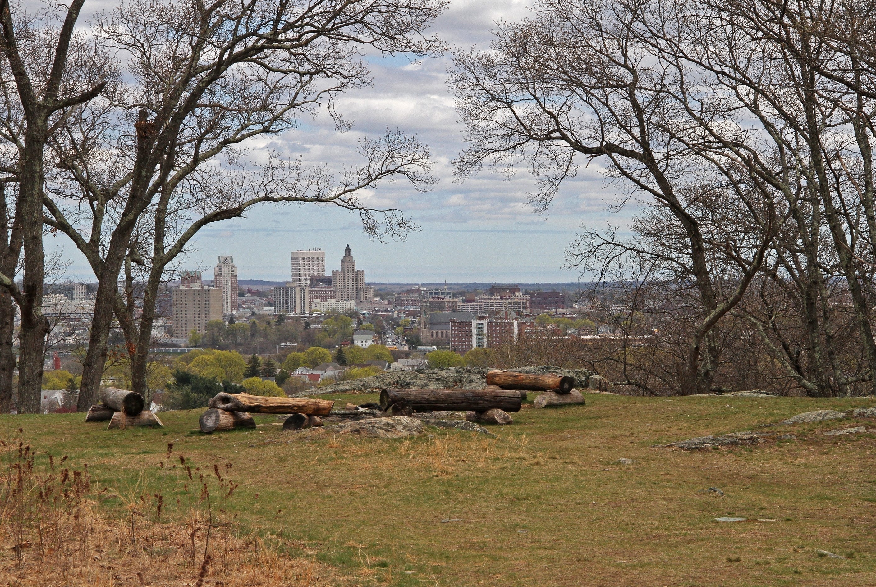 The Providence city skyline is visible through the trees beyond a green lawn.