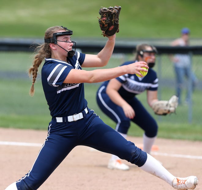 Maddie Roukey of Hudson delivers a pitch during their Division I district semifinal against Perry at Massillon on Monday, May 17, 2021.